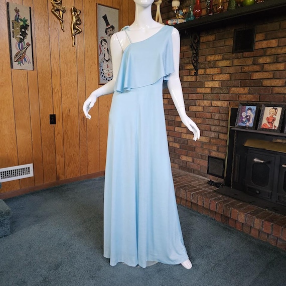 Vintage 70s Disco Cold Shoulder Soul Train Liquid Jersey Maxi Evening Dress Gown S/M