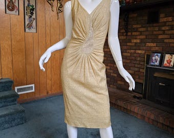 Vintage 50s 60s Lilli Diamond Gold Lurex Bombshell Wiggle Cocktail Party Dress S/M