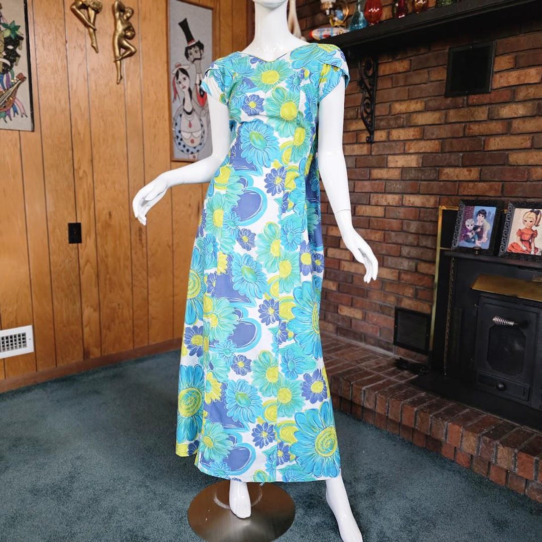 S/M Vintage 60s Hawaiian Watteau Train Waterfall Back Luau Pop Art