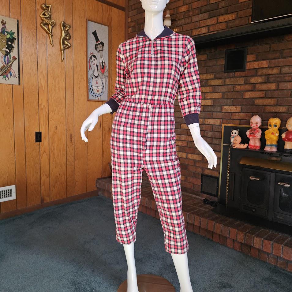 Vintage 50s Plaid Flannel Clam Digger Pajama Jumpsuit Lounge