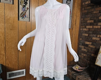 Vintage 60s Peignoir Double Layer Nylon Babydoll Gown w/ Sheer chiffon Robe M/L/XL