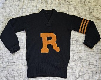 Vintage 20s 30s Orange R Patch Spalding Black Heavy Wool Letterman