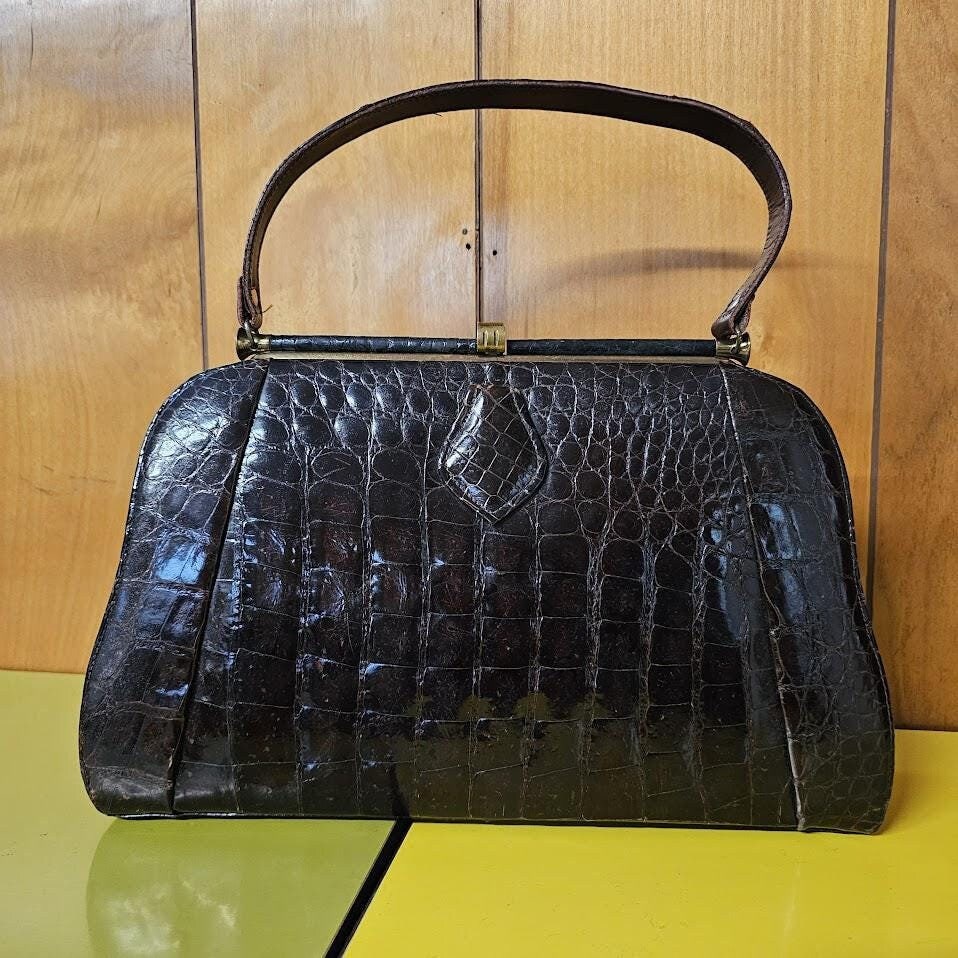 Vintage 40s 50s Large Alligator Skin Cognac Leather Doctor Kelly