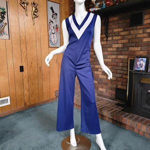 Vintage 70s Disco Soul Train Deep V Palazzo Wide Leg Pants Party Jumpsuit M/L