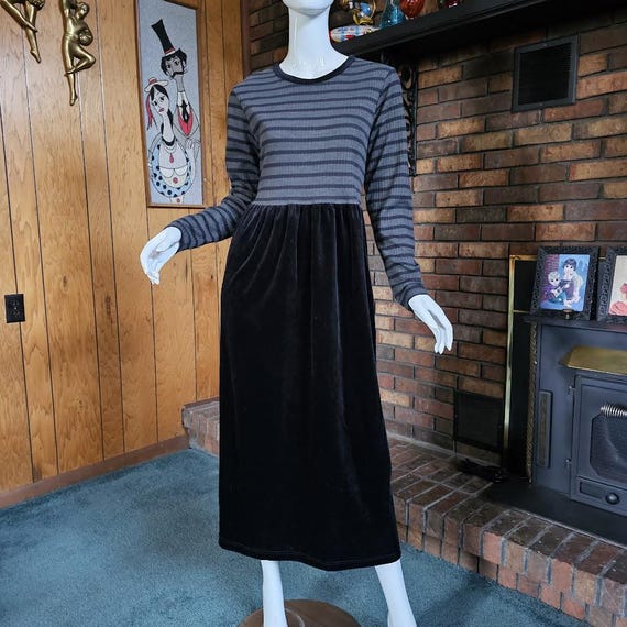 Vintage 90s Grunge Hipster Punk Ribbed Striped Knit Velvet Midi Party Dress L/XL