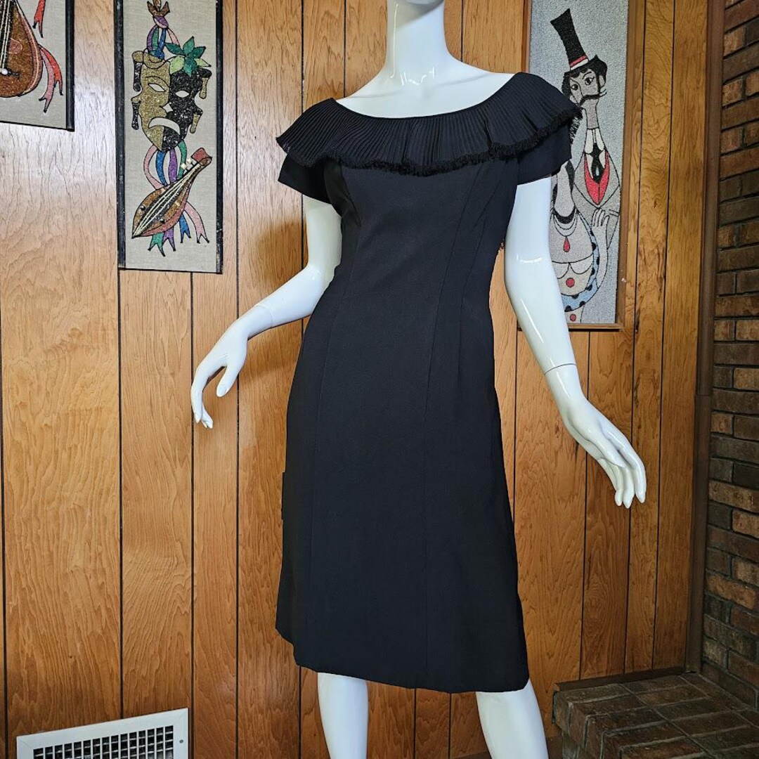 Vintage 50s Black Crepe Ruffle Open Back Wiggle Pencil Formal Cocktail ...