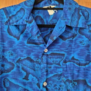 Vintage 60s Hawaiian Islands Map Mens 100% Cotton Painted Blue Button Down Shirt M image 3