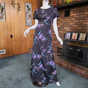 Vintage Hawaiian Watteau Volup Bird Of Paradise Luau Wedding Full Maxi Dress Gown XL