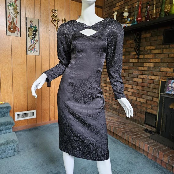 maximalist formal dress Vintage 80s Maximalist Beaded Silk Rose Jacquard Avant Garde Cocktail Party  Dress M