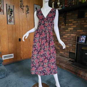 Vintage 90s Moody Floral Grunge Corduroy Eddie Bauer Jumper Overalls Midi Dress M