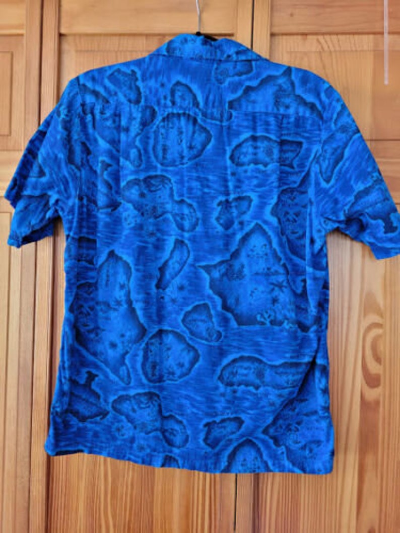 Vintage 60s Hawaiian Islands Map Mens 100% Cotton Painted Blue Button Down Shirt M image 5