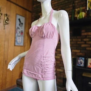 Vintage 50s Pink Ruched Sea Nymph Bombshell Halter Swim Bathing Glamour Suit XS/S