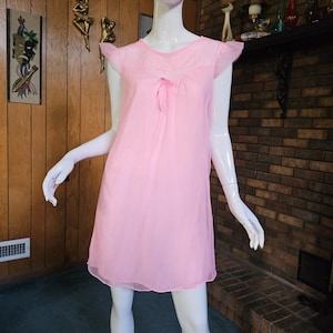 Vintage 60s Pink Babydoll Negligee Nightie Pajama Sheer Chiffon Pinup Nightgown S/M