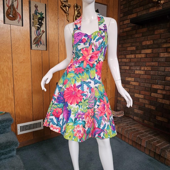 vintage floral halter dress 80s Tropical Cactus Circle Full Skirt Party Mini M/L dev-position-everything:number:97