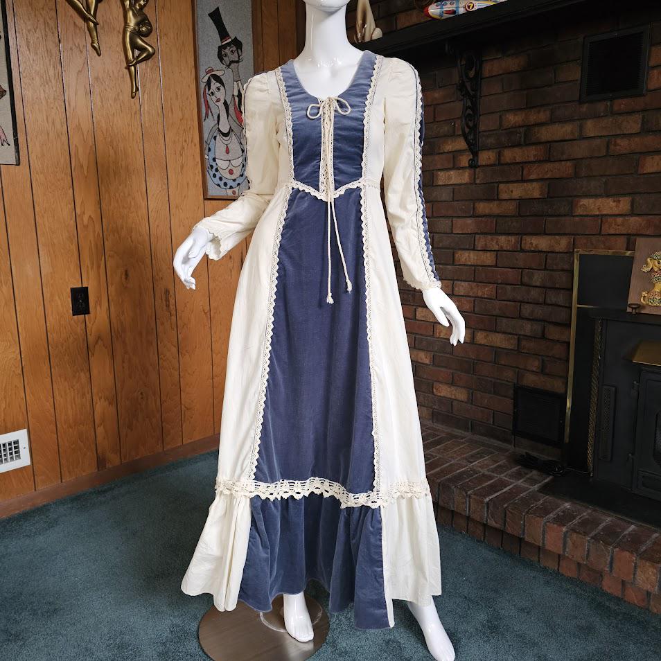 Vintage 70s Gunne Sax Blue Velvet Renaissance Corset Prairie Maxi