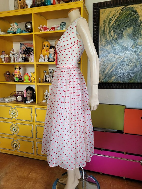 Vintage 50s Rockabilly Cherry Red Flocked Polka D… - image 4