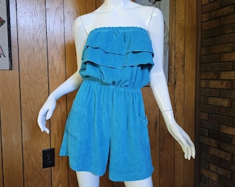 Vintage 80s Playsuit Terry Cloth Strapless Blue Bathing Suit Shorts Romper L/XL