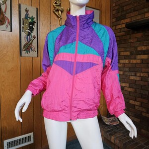 Vintage 80 90s Hip Hop Pink Neon Nylon Shell Track Windbreaker