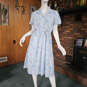 Vintage 60s Volup Rockabilly Ethereal Sky Blue Cloud Roses Shirtwaist Day Dress L/XL