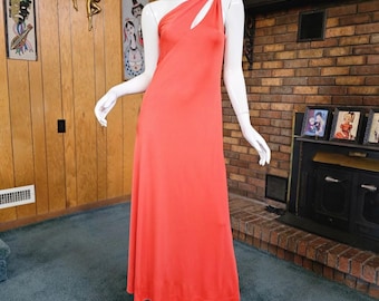 Vintage 70s Luis Estevez Liquid Jersey Keyhole Cold Shoulder Dress Evening Gown S/M