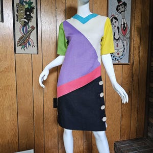 Vintage 70s Mod Space Age Mollie Parnis Colorblock Linen Day Shift Go Go Dress S