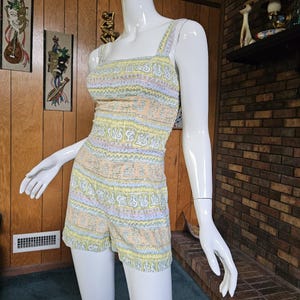 Vintage 50s Pinup Romper Playsuit Pastel Stripe Bombshell Swimsuit Bathing Suit S