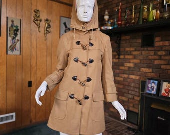 Gabardina de lana JC Penney vintage de los años 70 para mujer, con capucha y botones a cuadros, talla S