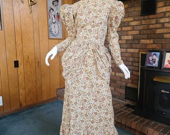 Vintage 70s Victorian Edwardian Prairie Pannier Bustle Mutton Sleeve Cosplay Dress S/M