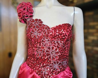 Vintage 80s Cold Shoulder Prom Corset Pageant Ball Gown Sequin Column Dress XS/S