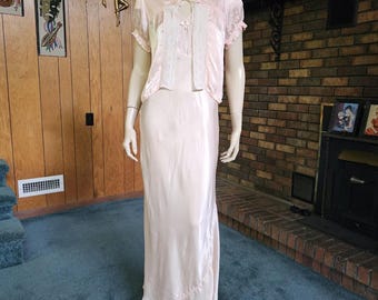 Vintage 30s 40s Pink Bias Cut Liquid Satin Peignoir Nightgown Slip Dress Set M