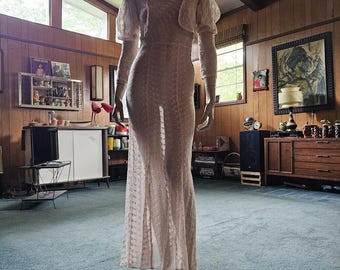 Vintage 30s NRA Pink Spiderweb Lace Bias Dress + Juliet Sleeve Bolero XS/S