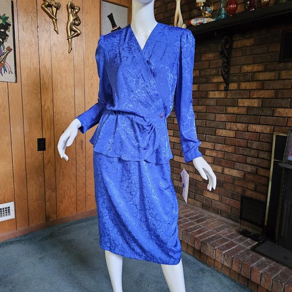 Vintage NOS 80s Sapphire Blue Jacquard Plunging Surplice Peplum Power Suit  Dress M - Etsy