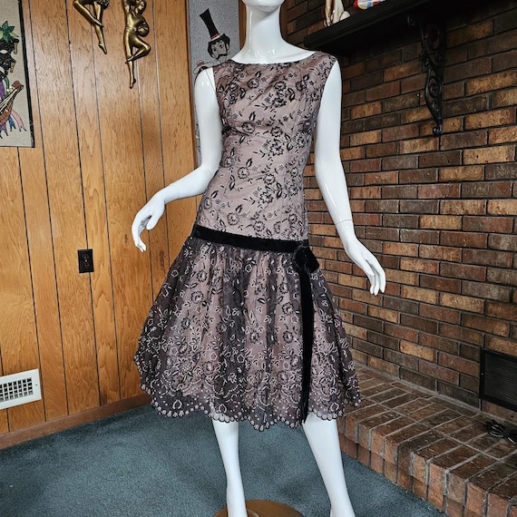 Vintage 50s Flocked Illusion Pink & Black Drop Waist Bubble Prom Cocktail Dress S/M