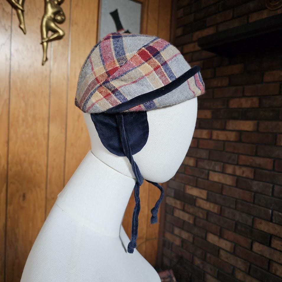 Vintage 40s Childs Wool Plaid Velvet Ear Muff Chin Strap Trapper Hat Beanie Cap