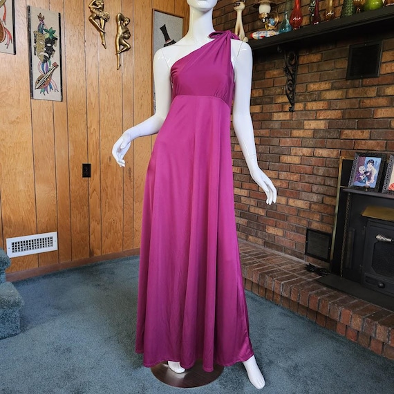 Vintage 70s Disco Wine One Shoulder Liquid Jersey Empire Maxi