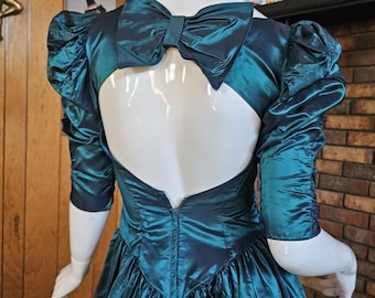 Vintage 80s Prom Metallic Emerald Green Mutton Sleeve Princess Ball Gown Dress XS/S