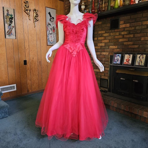 Vintage 80s Queen Of Hearts Red Cupcake Tulle Holiday Ball Gown Prom Dress XS/S