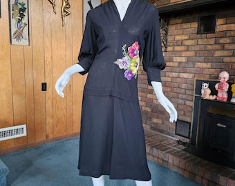Vintage 30s 40s Film Noir Painted Dramatic Bishop Sleeve Cocktail Party Dress S/M
