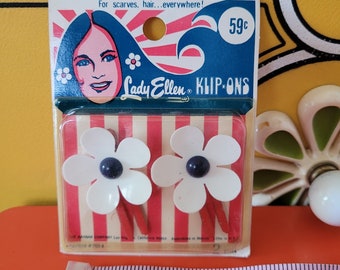 Vintage 60s Mod Hippie RWB Lady Ellen Daisy Hair Scarf Clips Deadstock NOS