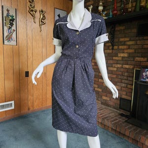 Vintage 80s do 40s Rockabilly Wing Cuff Pencil Skirt Polka Dot Shirtwaist Dress M/L