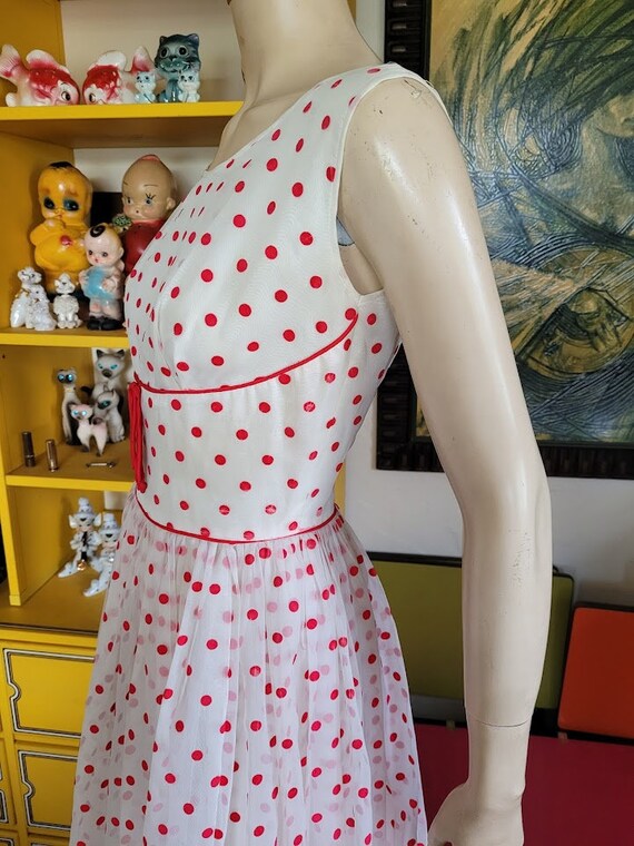 Vintage 50s Rockabilly Cherry Red Flocked Polka D… - image 5