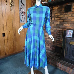 Vintage 90s Preppy Plaid Trad Shirtwaist Full Skirt Liz Claiborne Blouson Dress S/M