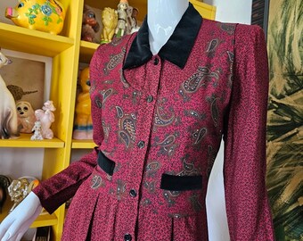 Vintage 80s 90s Victorian School Marm Brit Preppy Paisley Cottagecore Modest Dress S