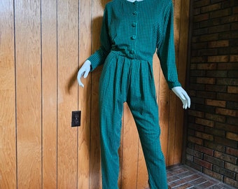 Vintage 80s Fads New Wave Preppy Peg Leg Pleated Waist Green Check Jumpsuit L