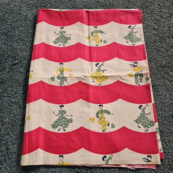 Vintage 30s Novelty Carnival Tent Penn Dutch Carousel Fabric Cotton 1+ Yards 35X49"
