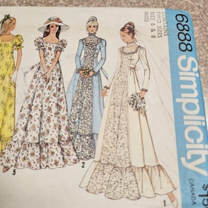 May include: Simplicity pattern 6888 featuring illustrations of wedding dresses. The designs include a long-sleeved gown with lace accents, a floral print dress with a hat, and a light blue dress. The pattern includes sizes 6 and 8.