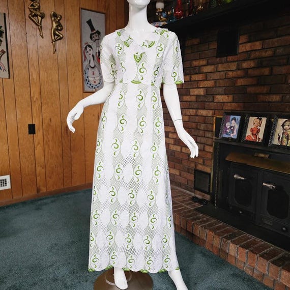 Vintage 60s Lace Boho Woodstock Hippie Embroidered Maxi Dress Gown S/M
