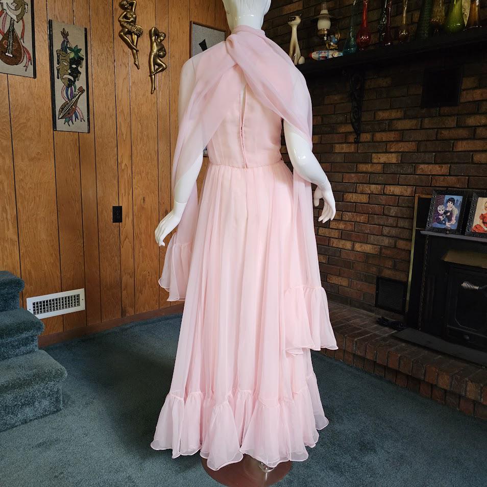 Vintage 60s Dreamy Pink Chiffon Victoria Royal Prom Ball Gown Formal Evening Dress S