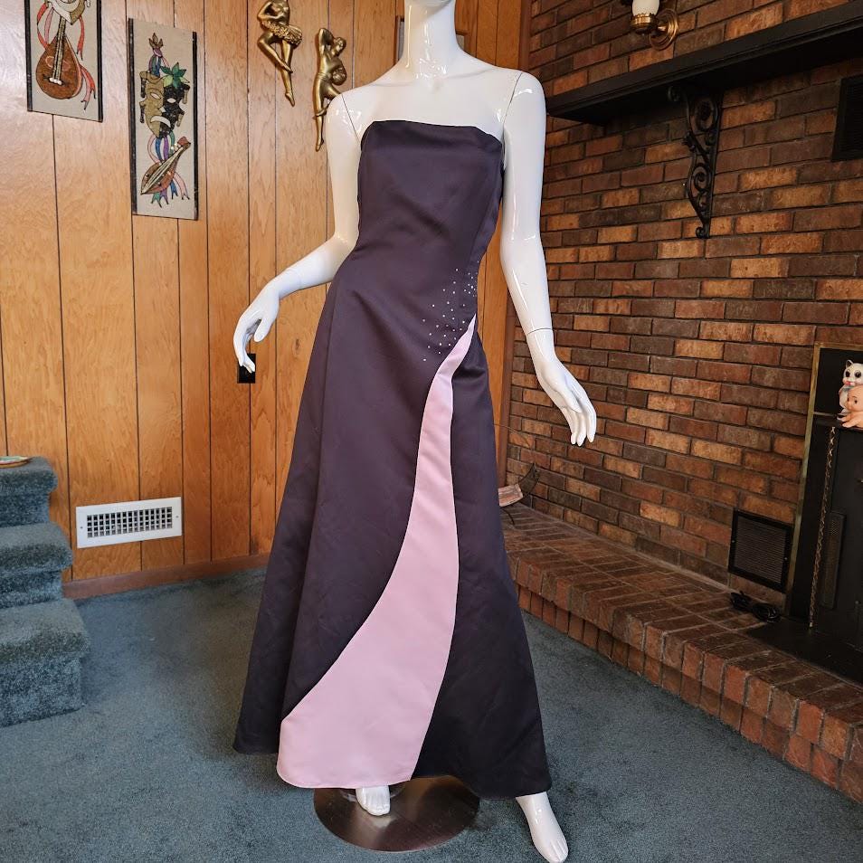 Vintage 90s Y2K Fairy Goth Corset Strapless Rhinestone Pink Black Prom Ball Gown L