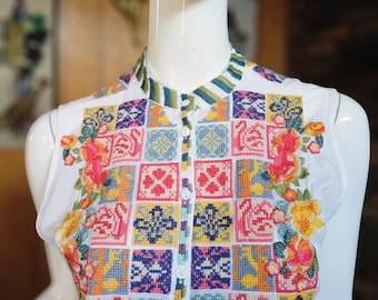 Vintage Y2K Hippy Bohemian Johnny Was Sheer Rayon Embroidered Tunic Blouse Dress S/M